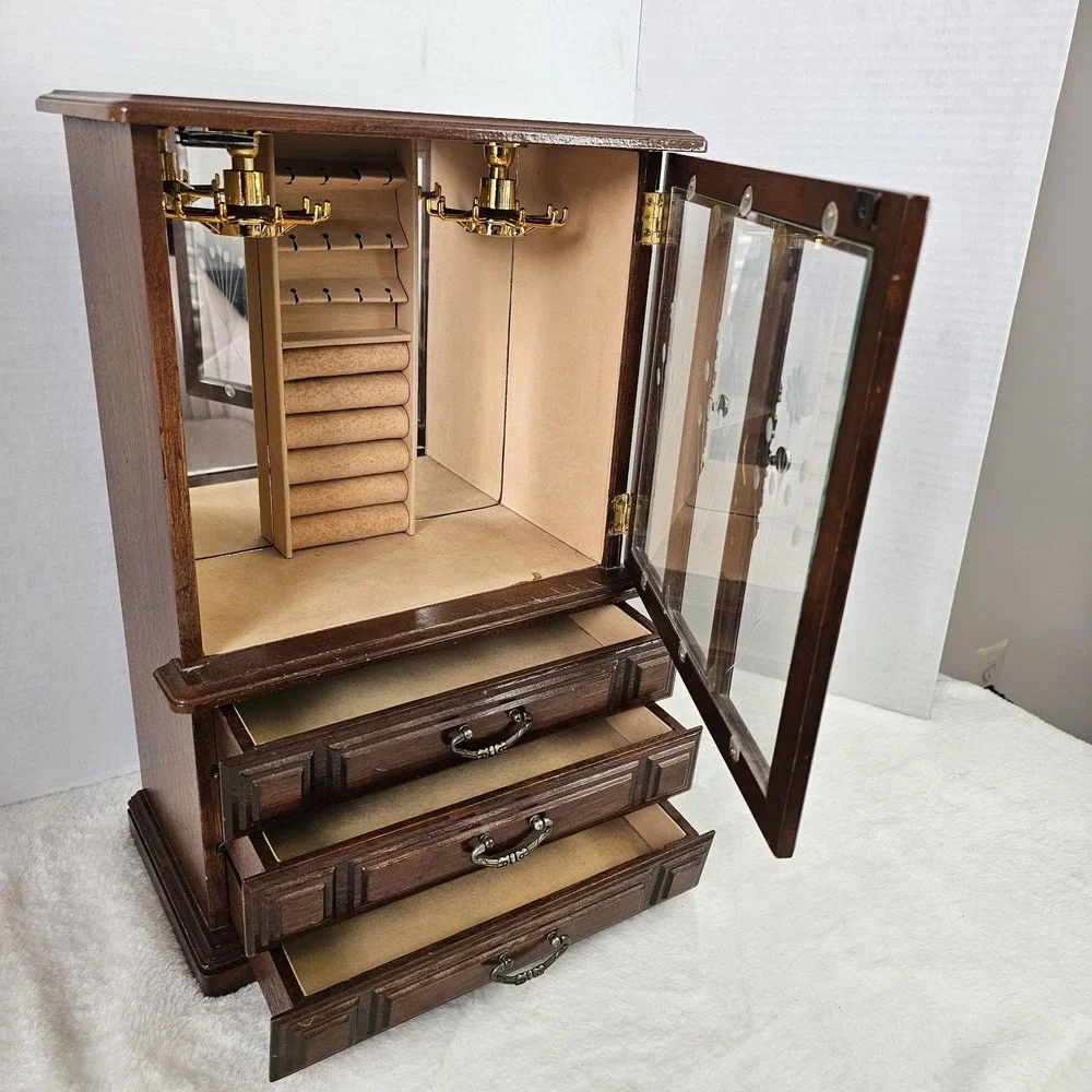 Vintage Wooden Curio Cabinet Jewelry Box With Glass Door 18x12x6.5